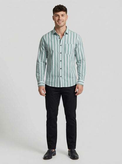 Men's Sage Green and White Horizontal Striped Button-Down Shirt