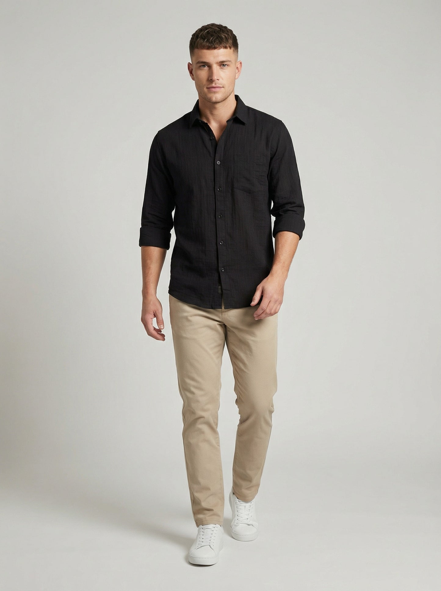 Men's Black Textured Long Sleeve Button-Down Casual Shirt - Premium Slim Fit