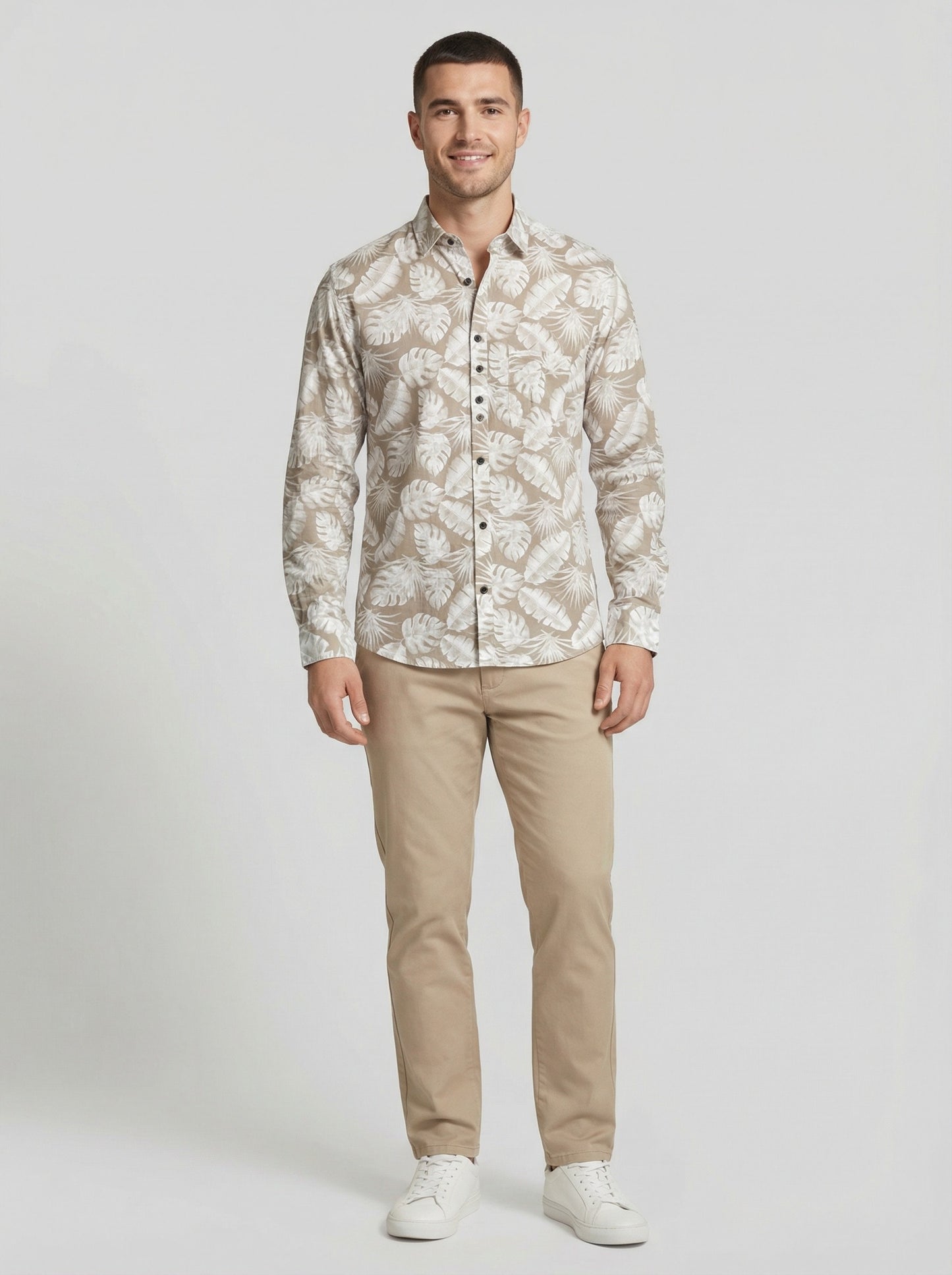 Men's Beige Tropical Leaf Print Long Sleeve Button-Down Shirt