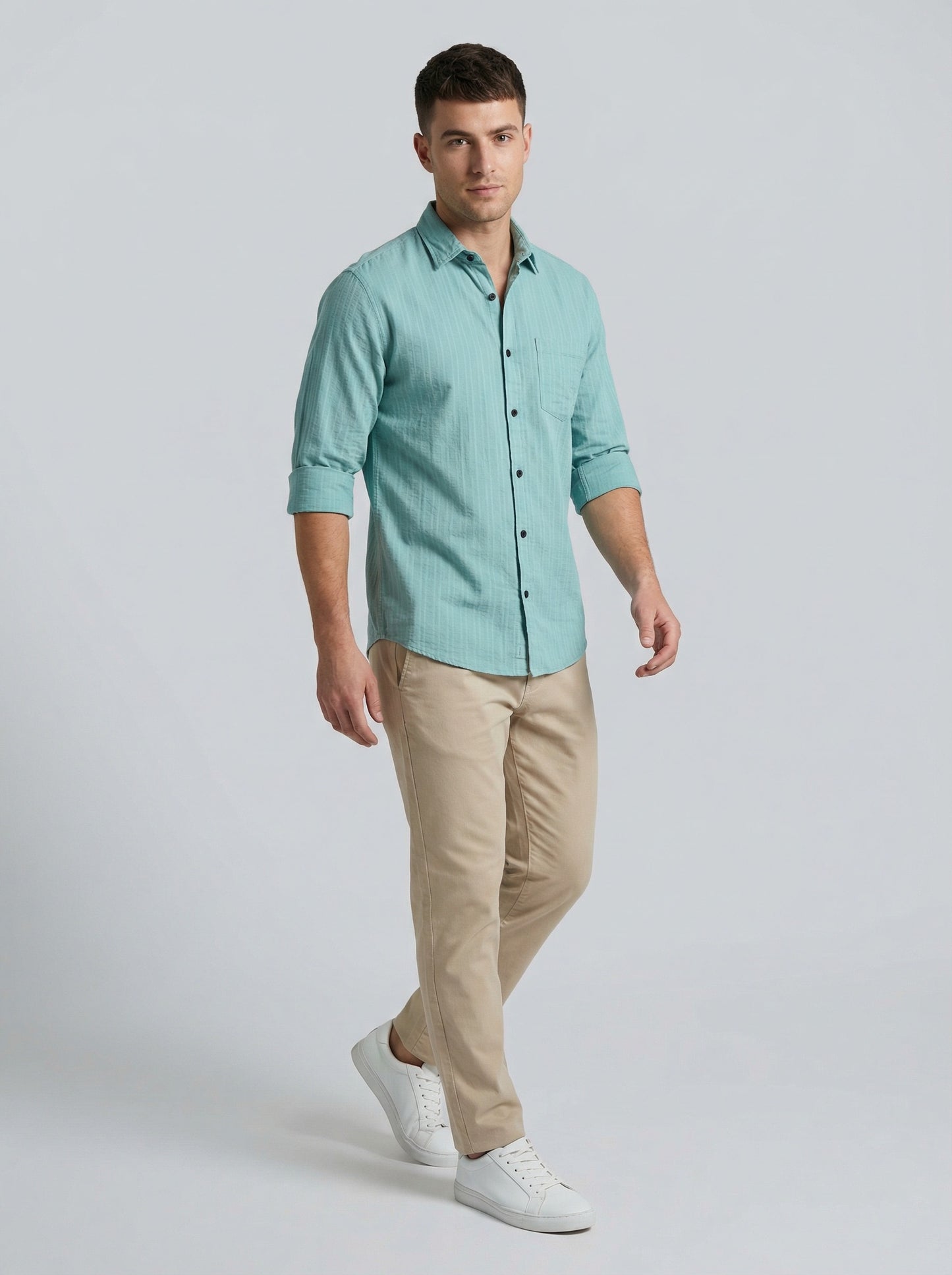 Men's Sky Blue Textured Cotton-Blend Casual Button-Down Shirt