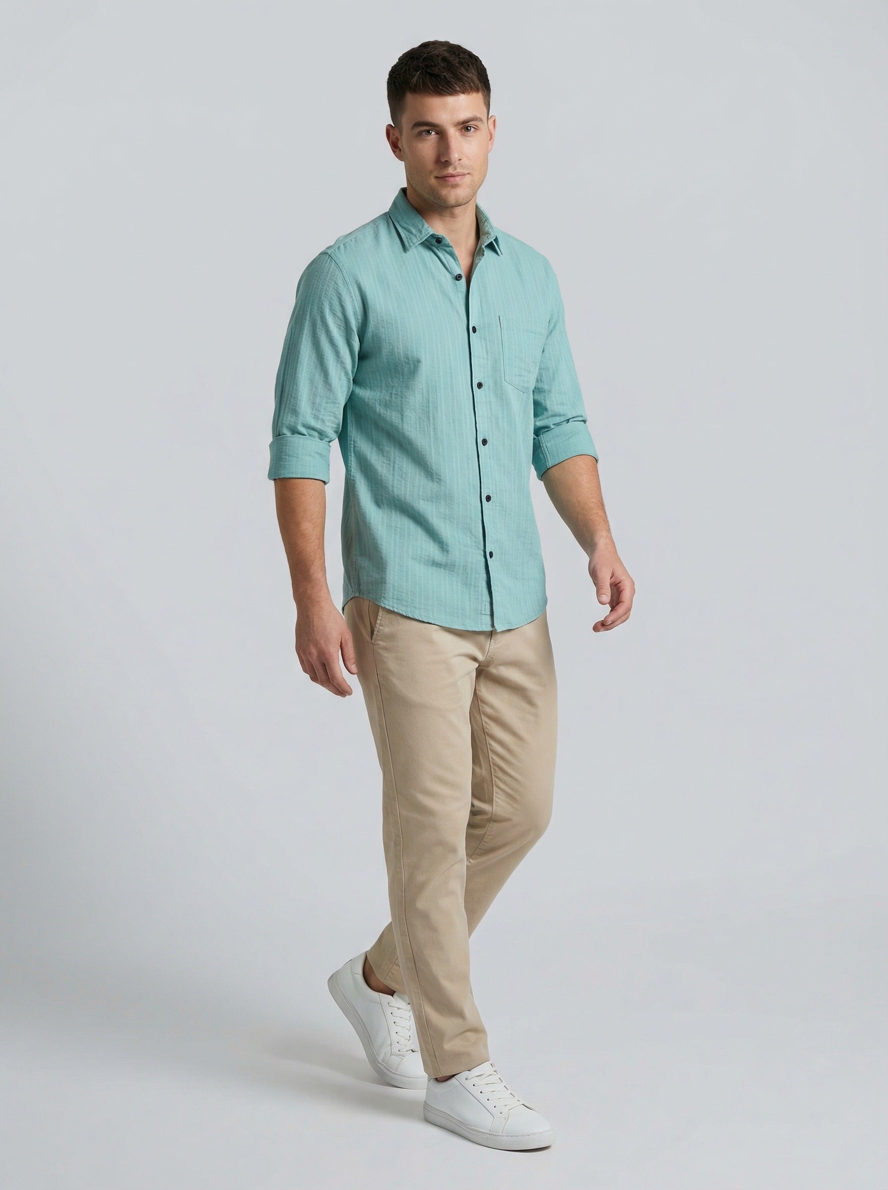 Men's Sky Blue Textured Cotton-Blend Casual Button-Down Shirt