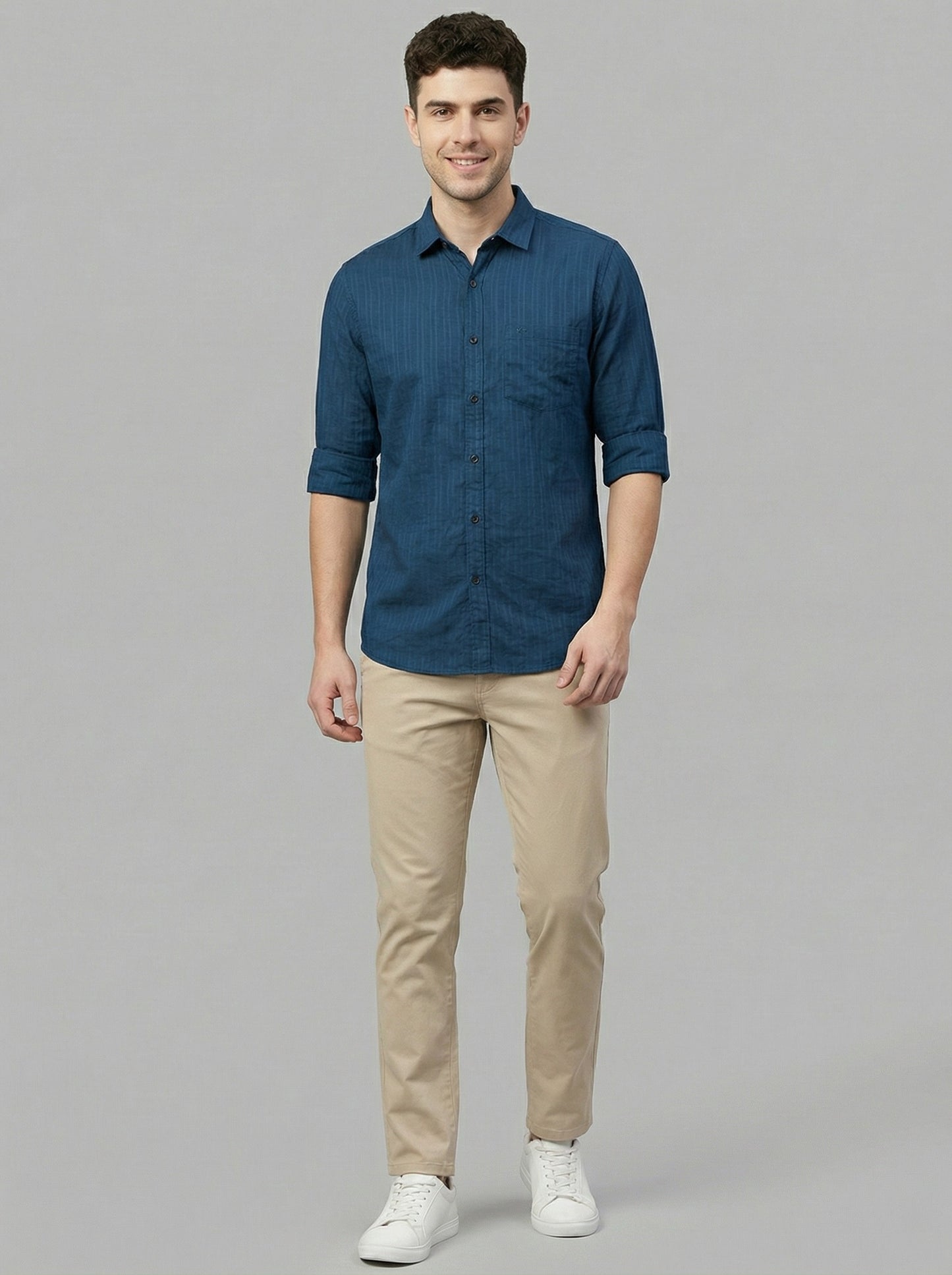 Men's Teal Blue Textured Vertical Stripe Casual Shirt - Slim Fit