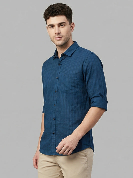 Men's Teal Blue Textured Vertical Stripe Casual Shirt - Slim Fit