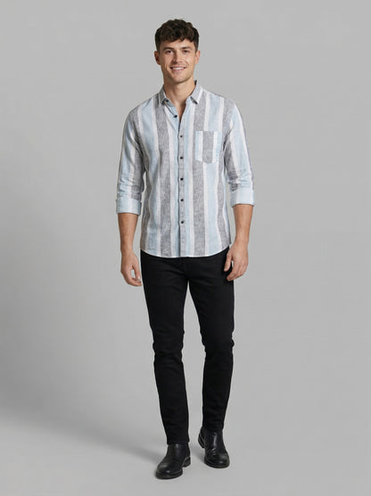 Men's Classic Striped Cotton-Blend Casual Button-Down Shirt