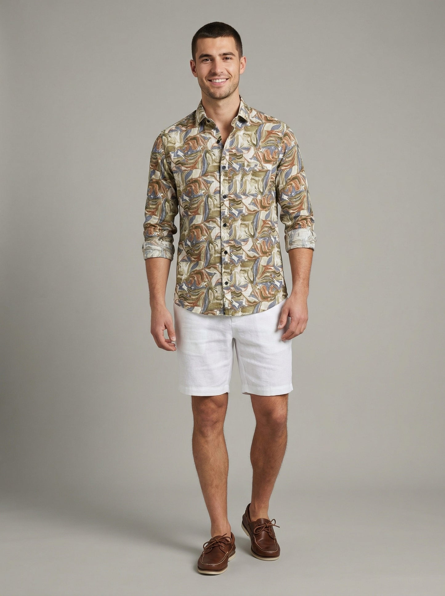 Men's Abstract Swirl Print Button-Down Shirt in Earth Tones