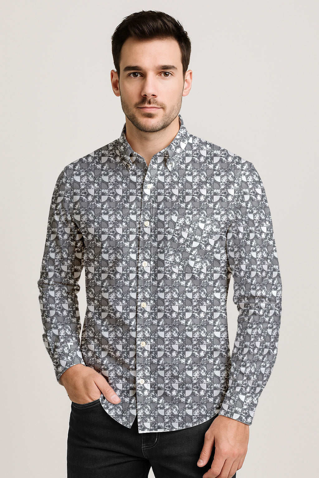Modern Print Casual Shirt – Long Sleeve Button Down Lightweight Cotton Design