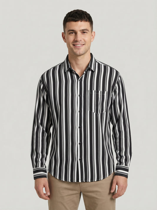 Men's Bold Black and White Horizontal Striped Long Sleeve Button-Down Shirt