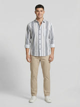 Men's Classic Grey and White Horizontal Striped Long Sleeve Button-Down Shirt