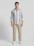 Men's Classic Grey and White Horizontal Striped Long Sleeve Button-Down Shirt