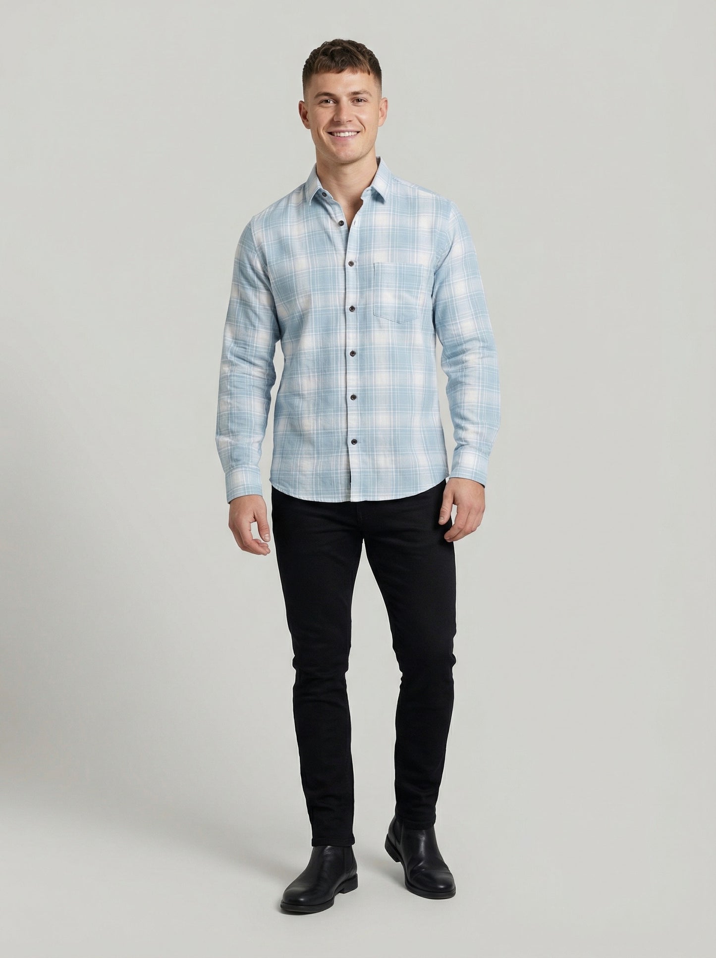 Men's Light Blue and White Plaid Long Sleeve Button-Down Shirt