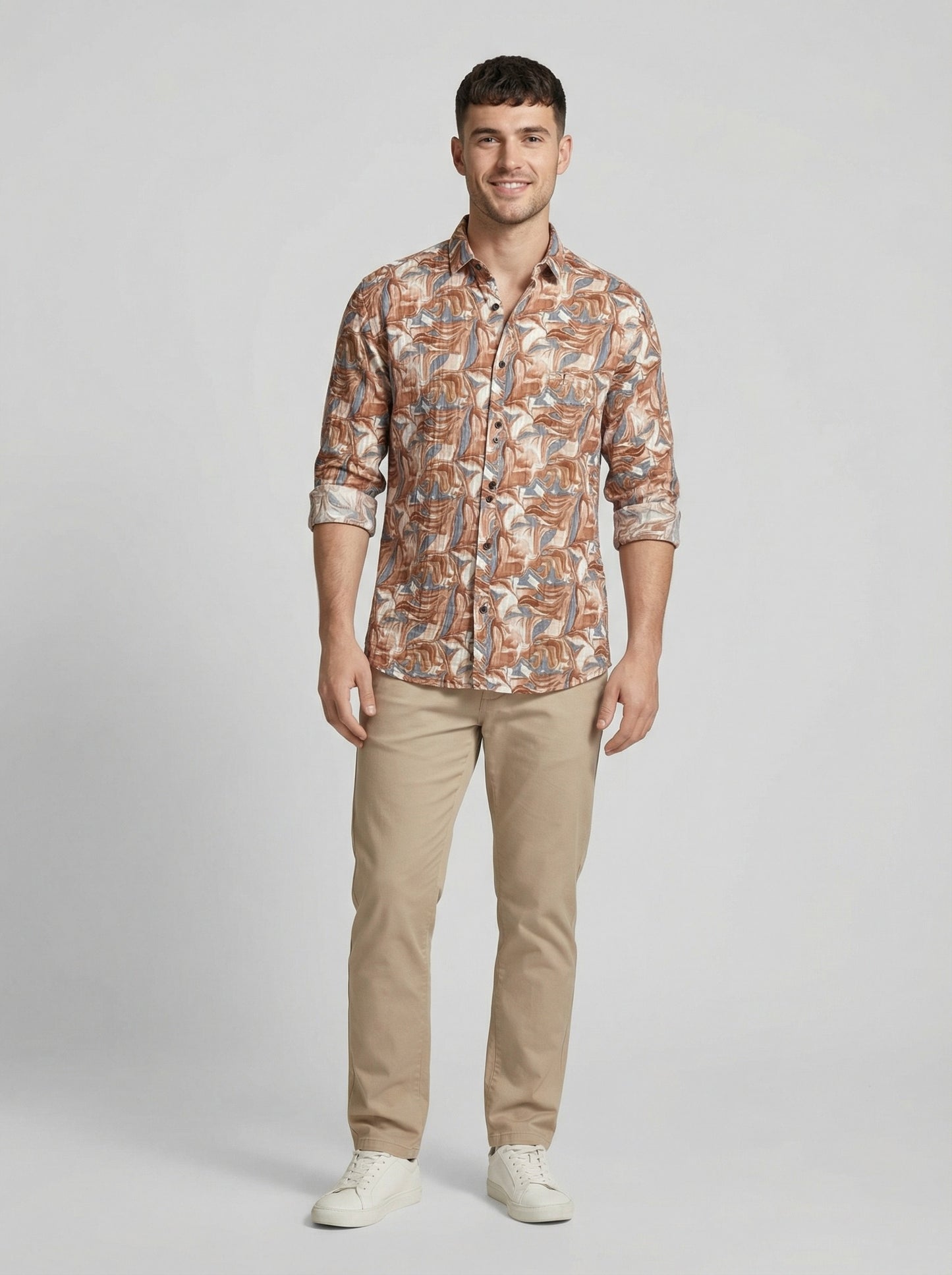 Abstract Marble Print Crinkle-Textured Button-Down Shirt