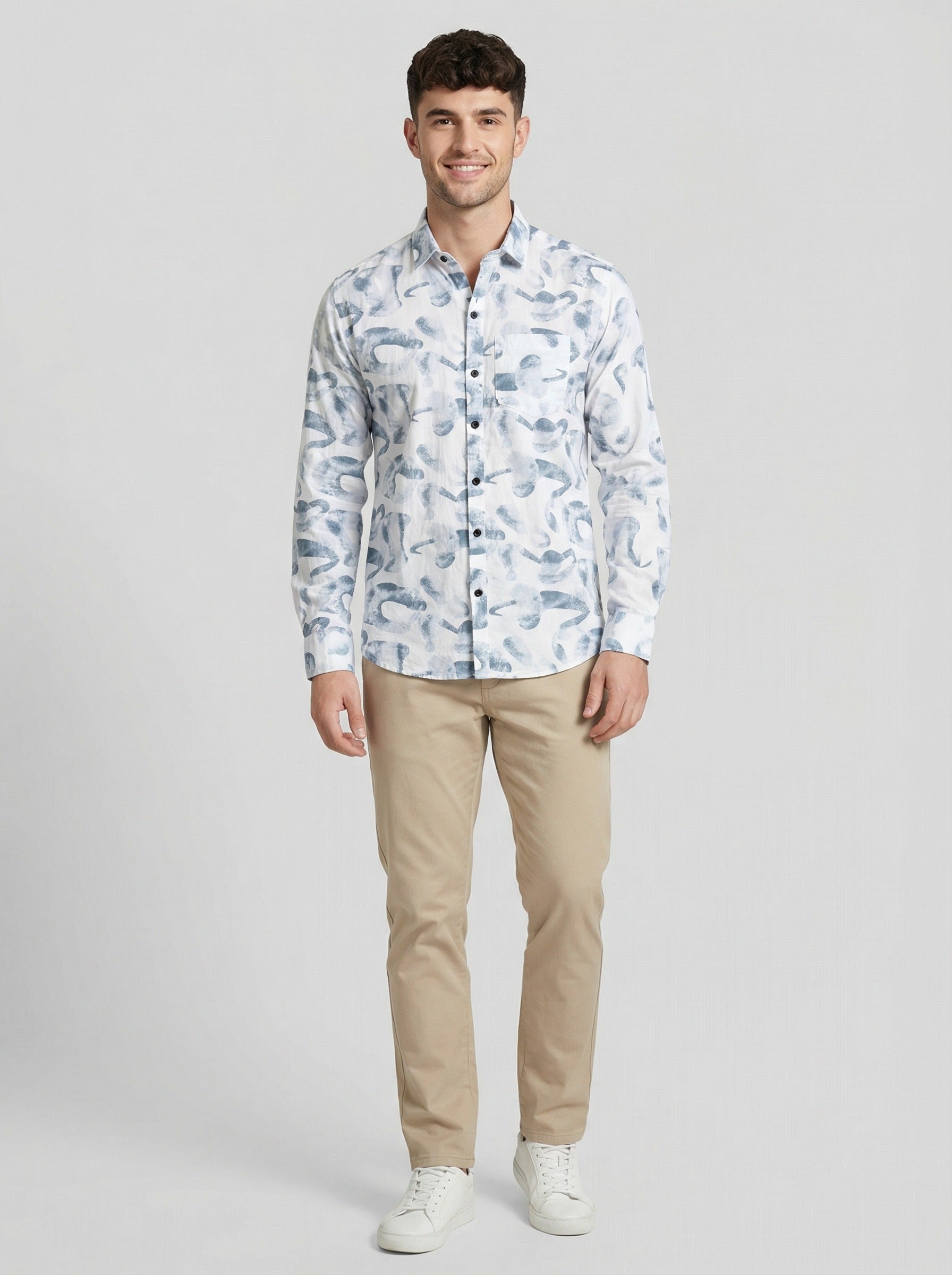 Men's Abstract Print Long Sleeve Button-Down Shirt - Lightweight Casual Top