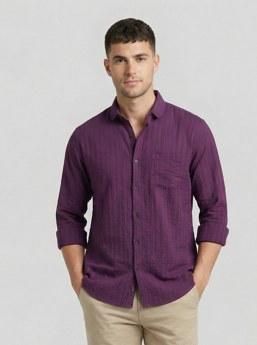 Men's Royal Purple Textured Long Sleeve Button Down Casual Shirt