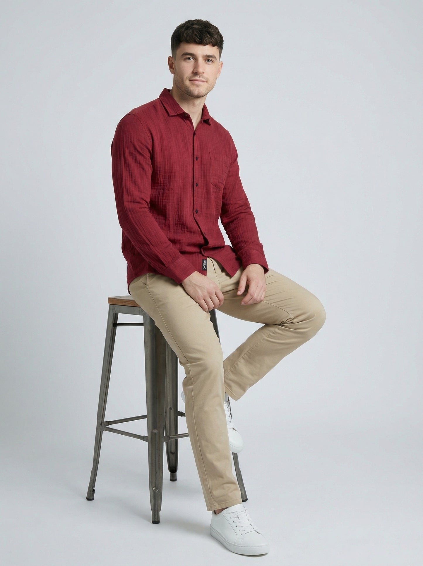 Men's Wine Red Textured Double Gauze Long Sleeve Button-Down Shirt