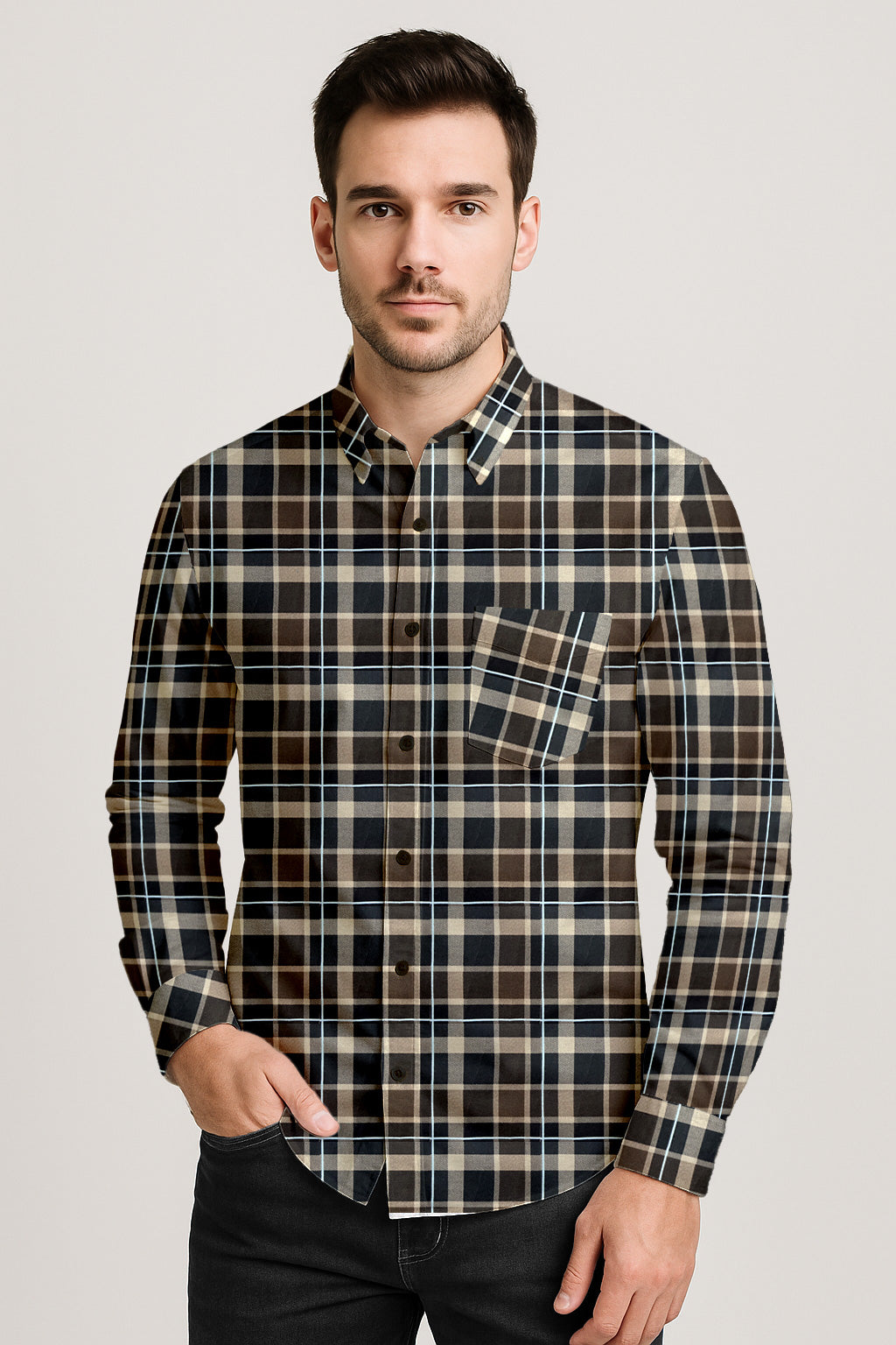Long Sleeve Plaid Cotton Shirt – Button Down Checkered Casual Dress Shirt