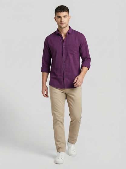 Men's Royal Purple Textured Long Sleeve Button Down Casual Shirt