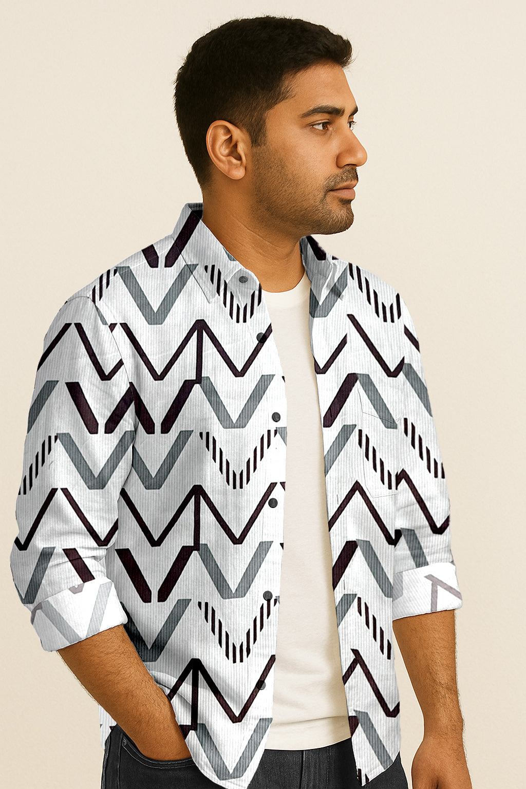 Geometric Printed Casual Button Down Shirt – Long Sleeve Cotton Summer Beachwear with Pocket