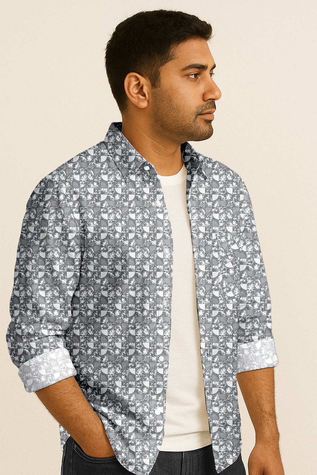 Modern Print Casual Shirt – Long Sleeve Button Down Lightweight Cotton Design