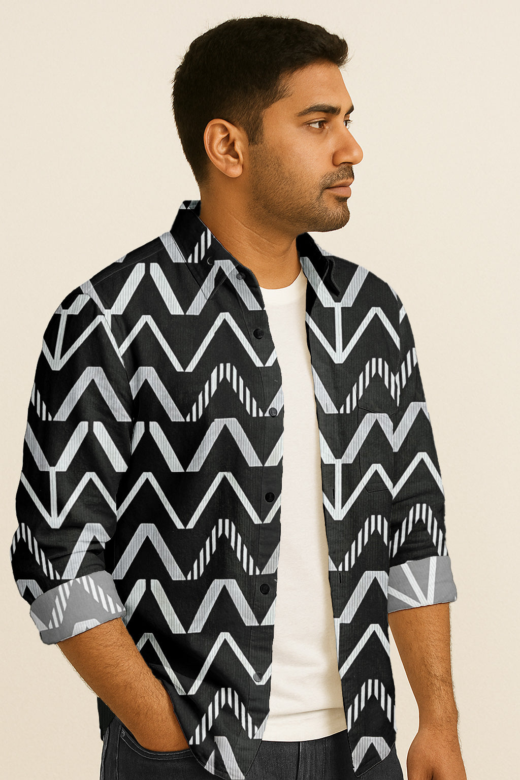 Geometric Printed Casual Button Down Shirt – Long Sleeve Cotton Summer Beachwear with Pocket