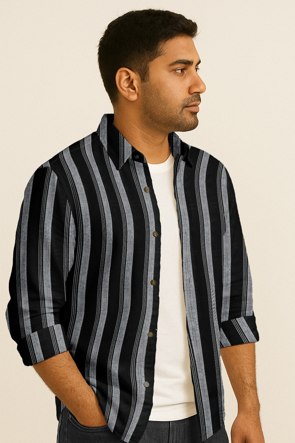 Classic Long Sleeve Vertical Stripe Button Down Shirt – Cotton Blend for Casual & Business Wear