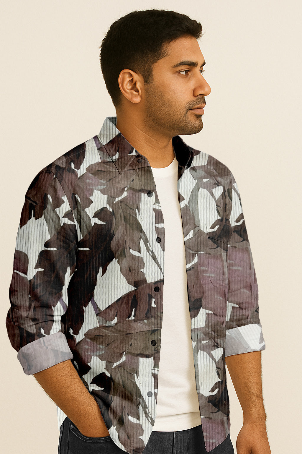 Men’s Long Sleeve Button Down Shirt – Tropical Leaf Print Cotton Shirt, Casual Summer Dress Shirt