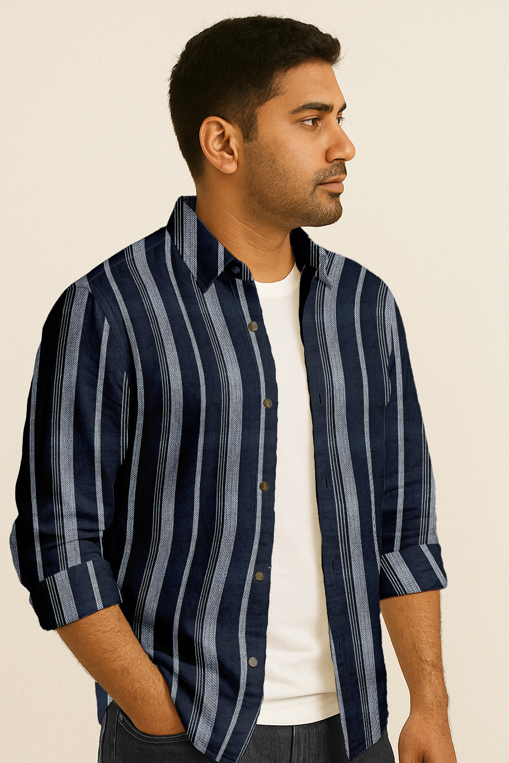Classic Long Sleeve Vertical Stripe Button Down Shirt – Cotton Blend for Casual & Business Wear
