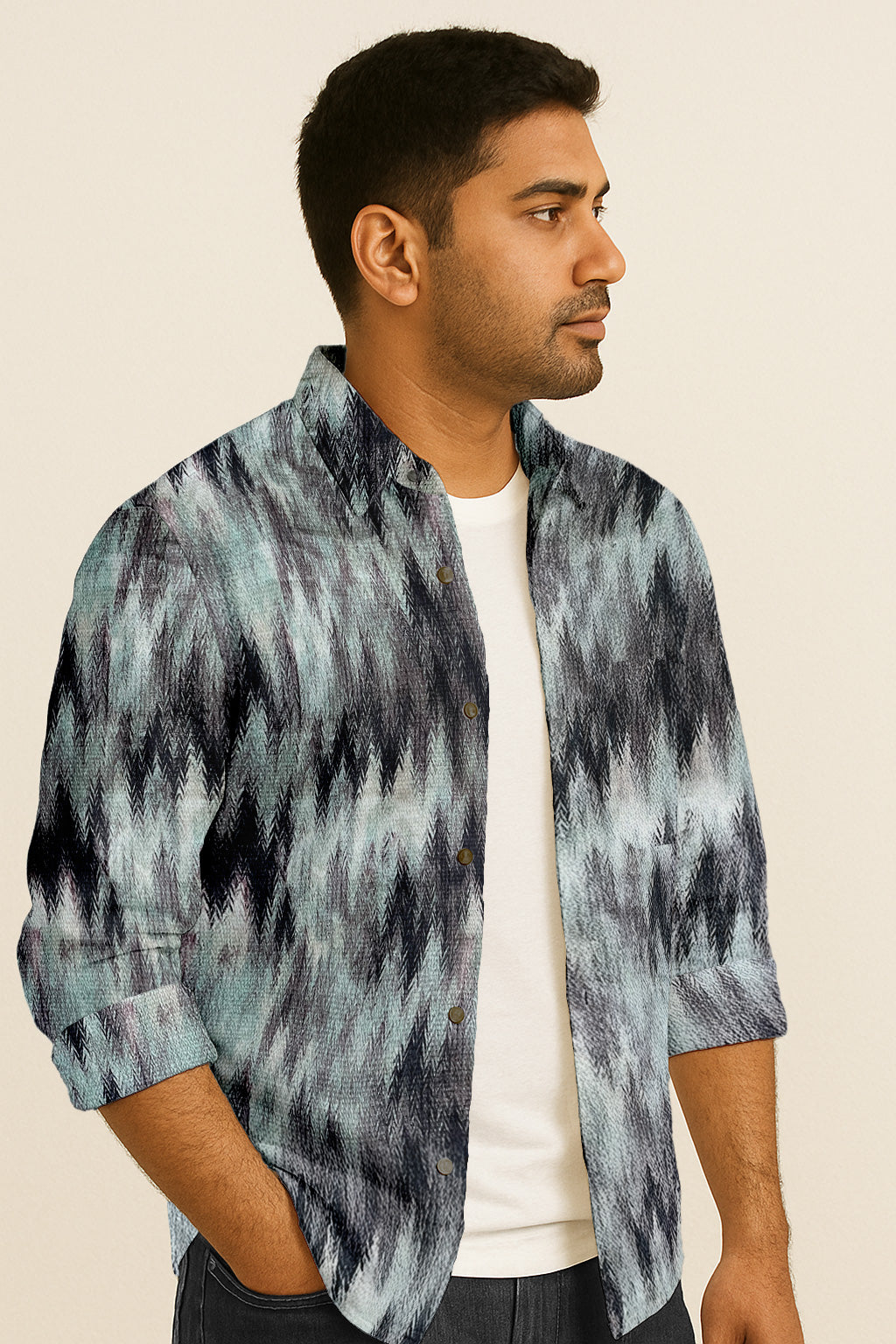 Zigzag Print Long Sleeve Shirt – Cotton Blend Button Down Casual Wear