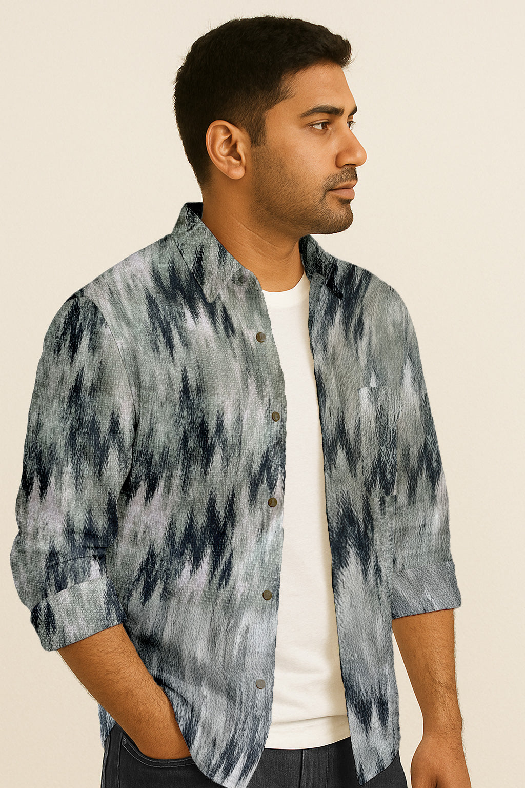 Zigzag Print Long Sleeve Shirt – Cotton Blend Button Down Casual Wear
