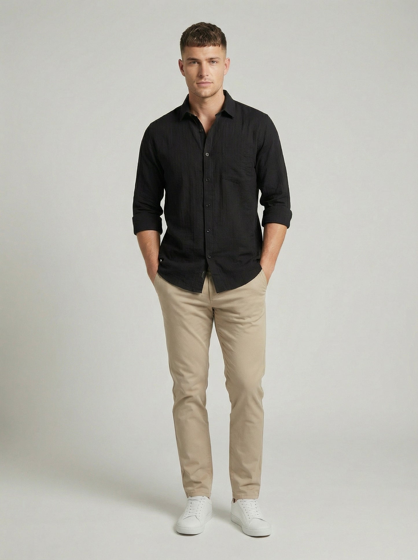 Men's Black Textured Long Sleeve Button-Down Casual Shirt - Premium Slim Fit