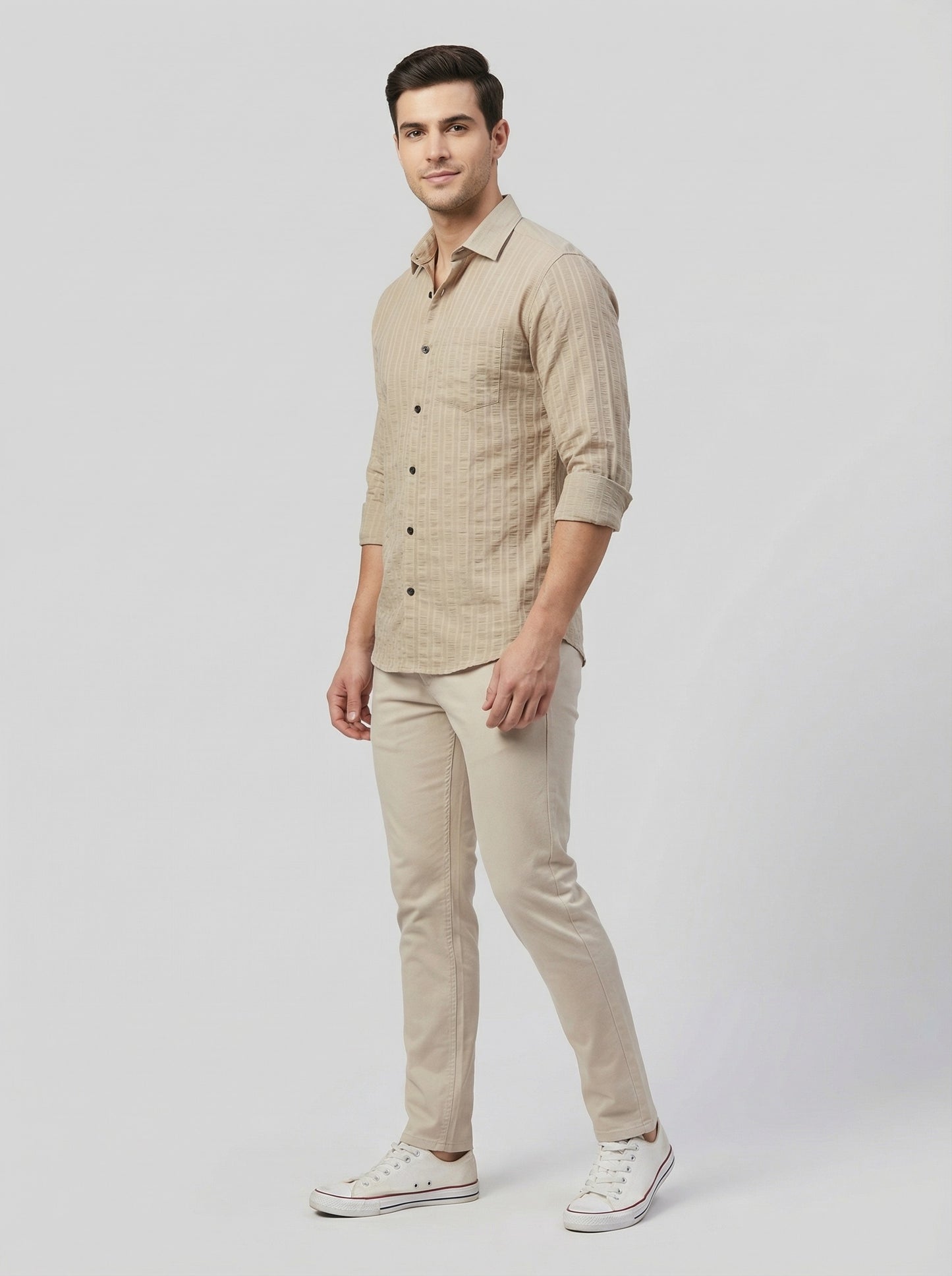 Men's Soft Crem Casual Long Sleeve Striped Button-Down Shirt