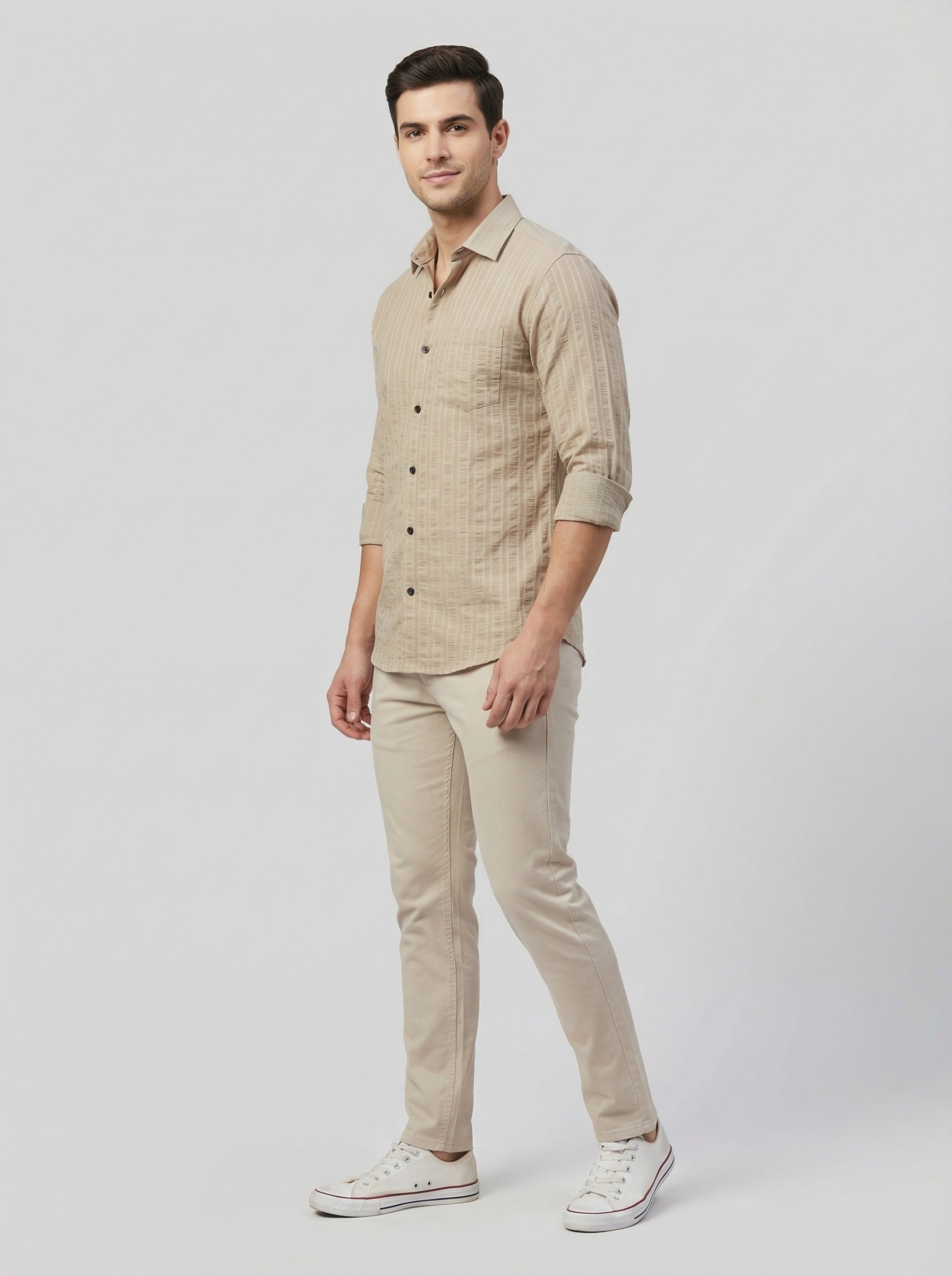 Men's Soft Crem Casual Long Sleeve Striped Button-Down Shirt