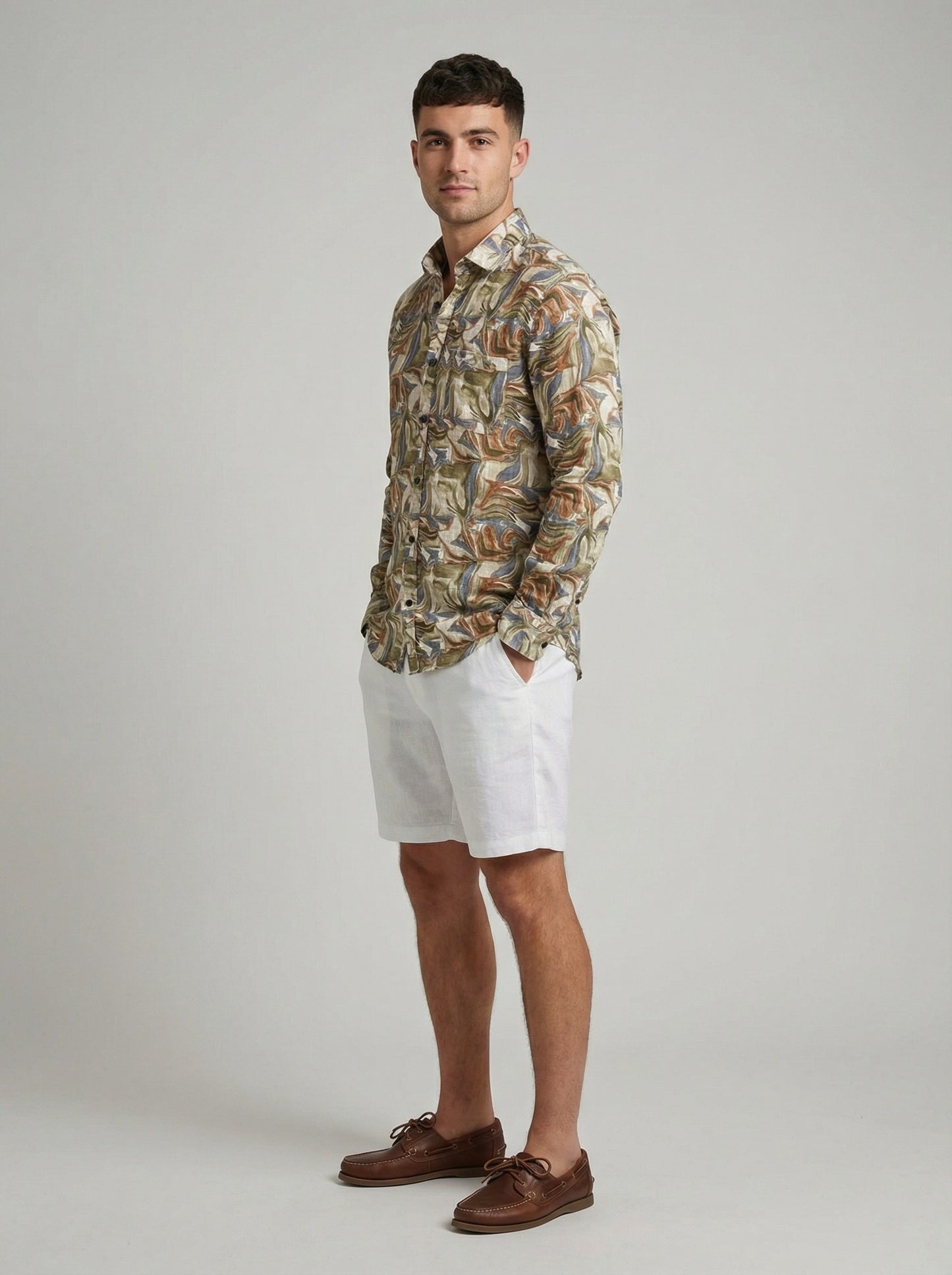 Men's Abstract Swirl Print Button-Down Shirt in Earth Tones