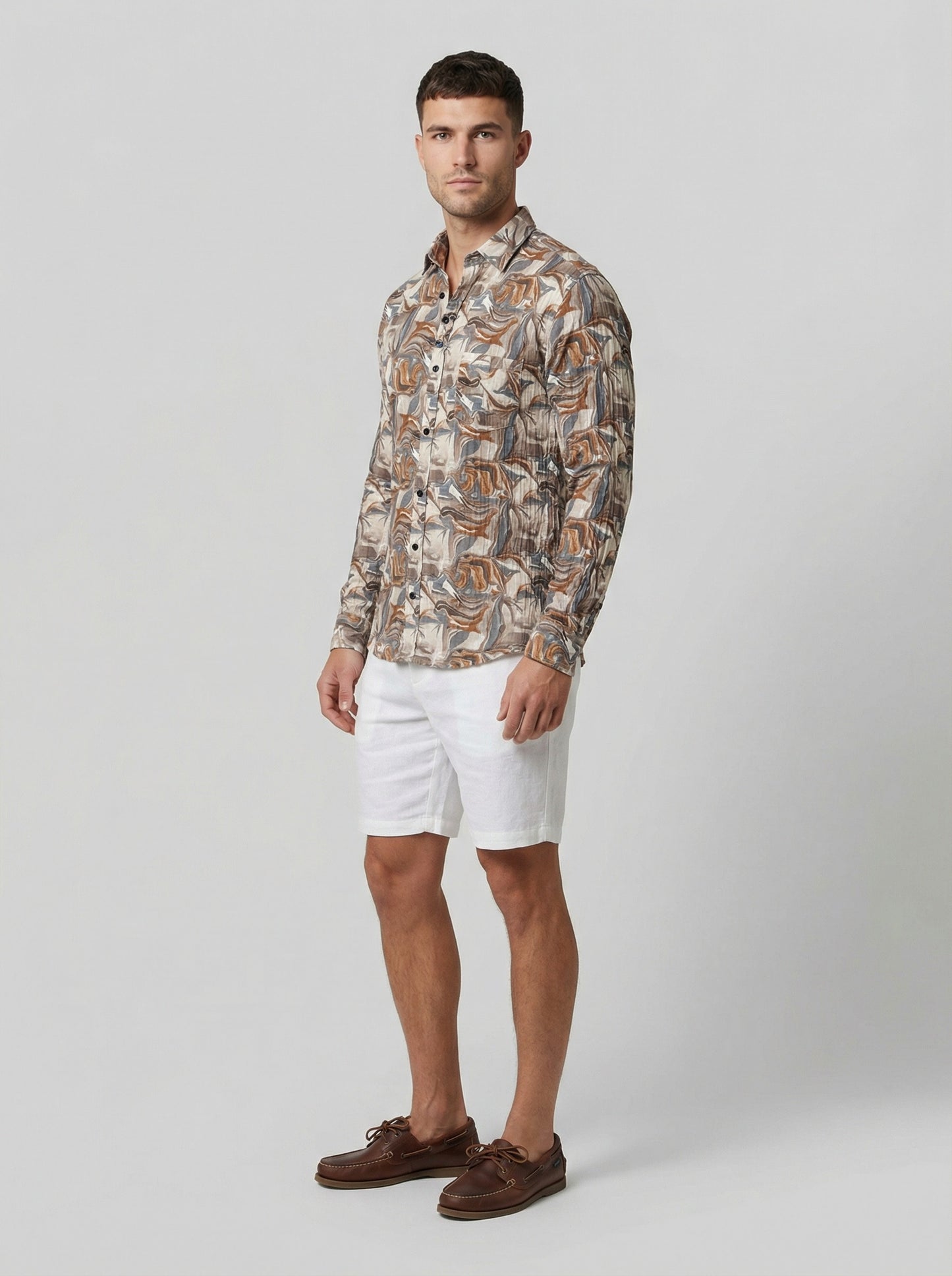 Vintage-Inspired Men's Earth Tone Marble Print Button-Down Shirt