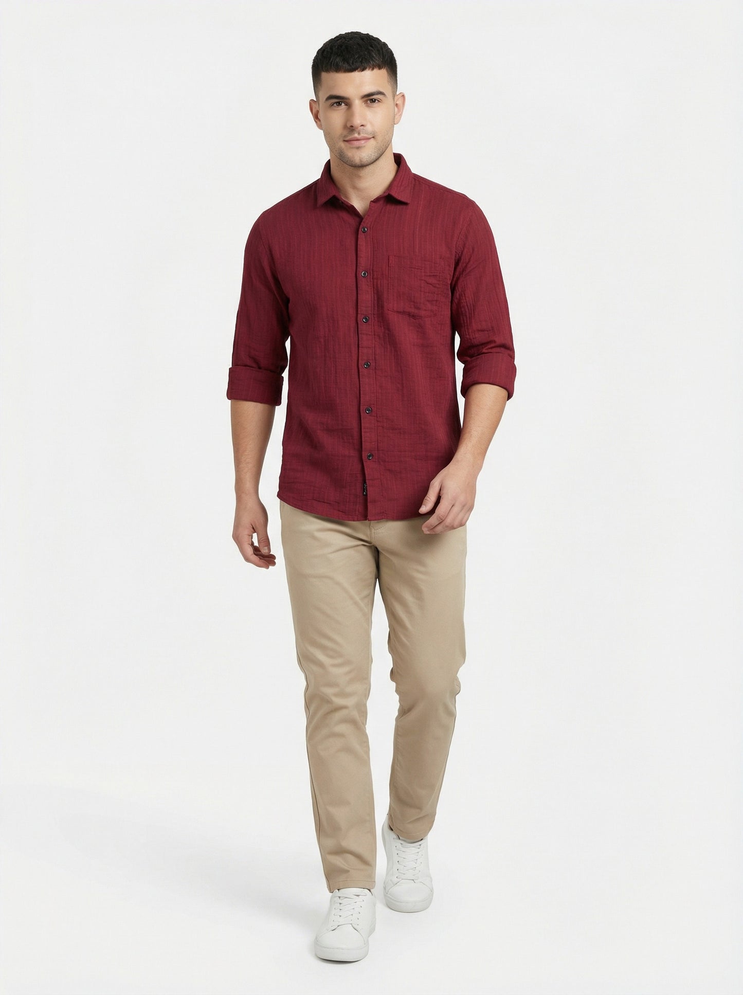 Men's Wine Red Textured Double Gauze Long Sleeve Button-Down Shirt