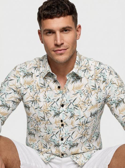 Men's Tropical Bamboo Leaf Print Button-Down Shirt - White & Tan Long Sleeve Casual Summer Shirt