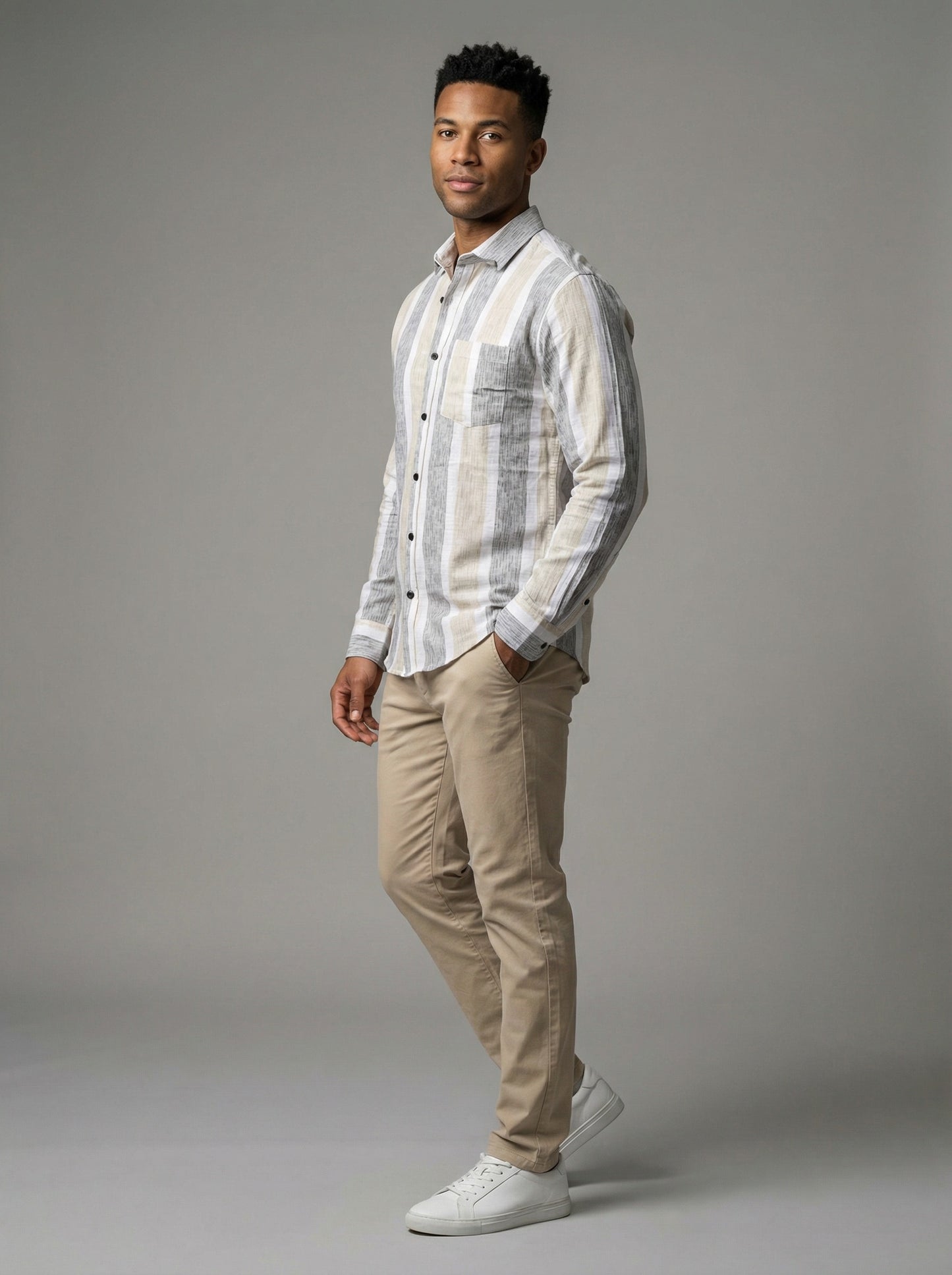 Men's Textured Horizontal Stripe Button-Down Shirt - Grey & Beige