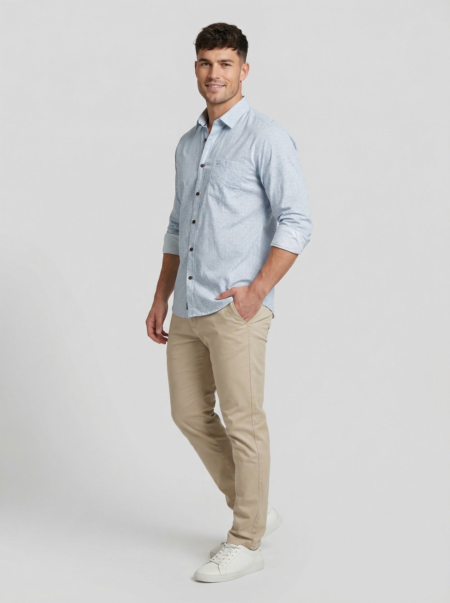 Men's Slim Fit Geometric Greek Key Print Button-Down Shirt