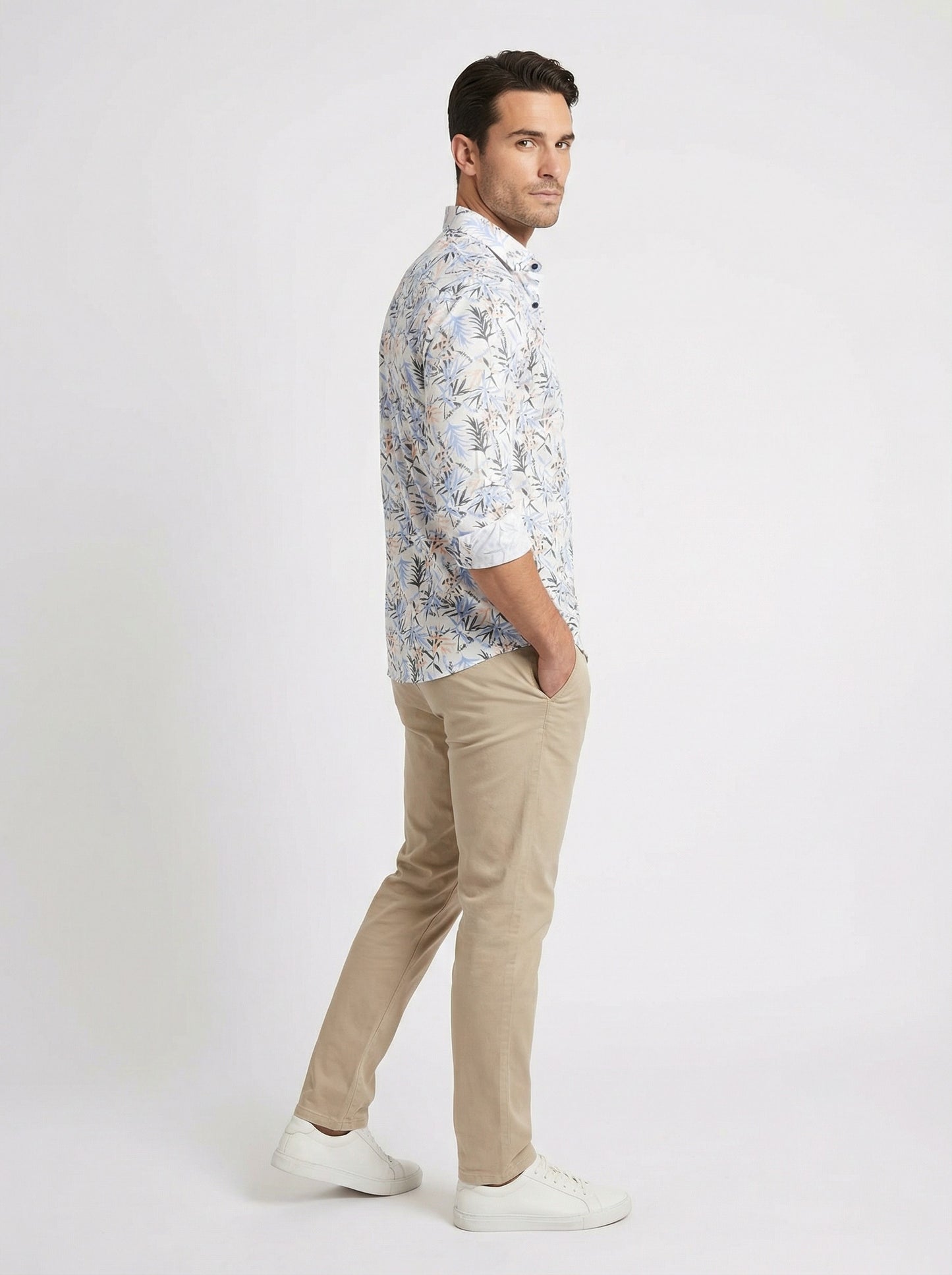 Men's Tropical Palm Blue Leaf Print Long Sleeve Button-Down Casual Shirt - Summer Vacation Style