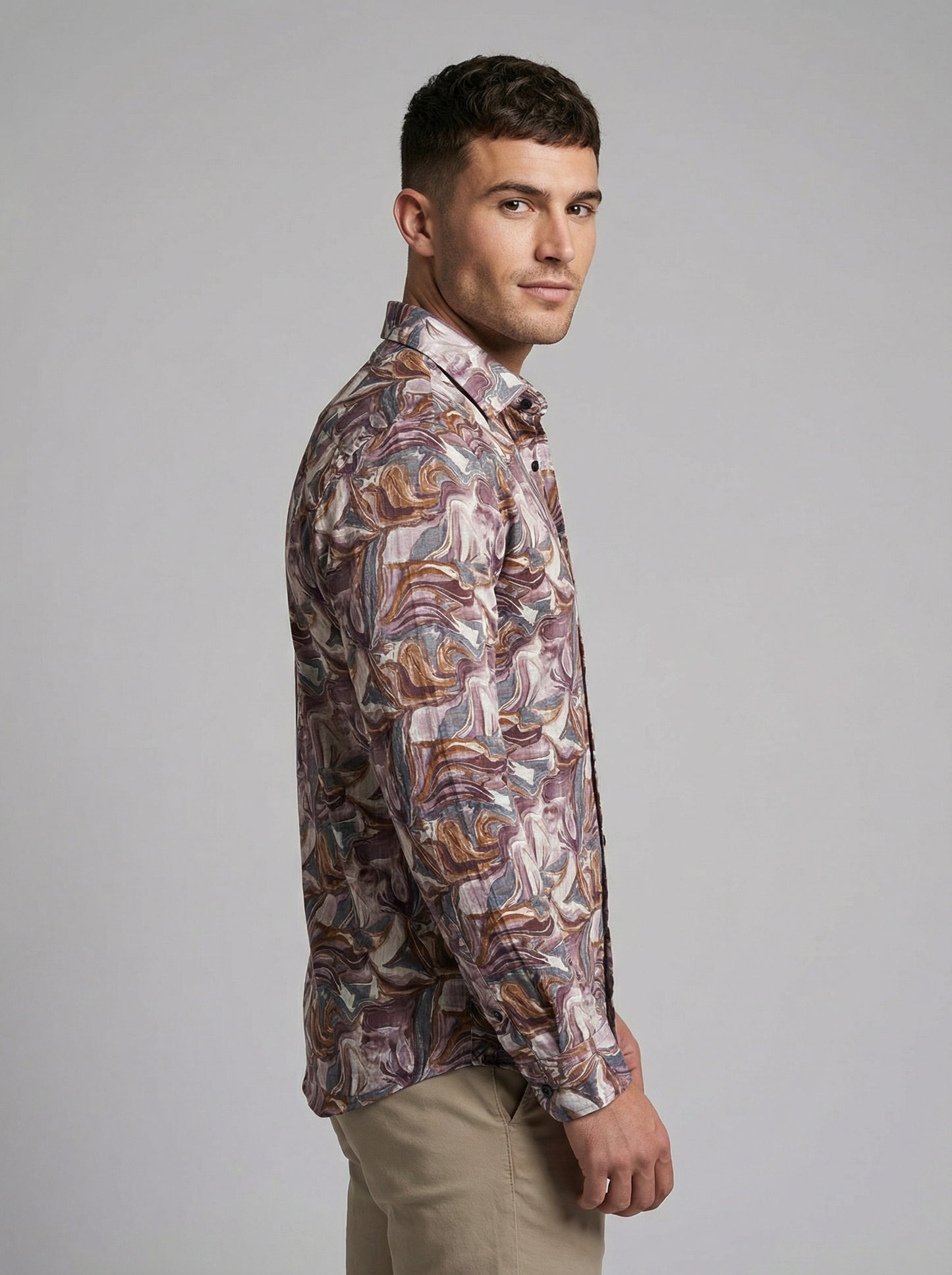 Men's Abstract Print Long Sleeve Button-Down Shirt - Lightweight Casual Top