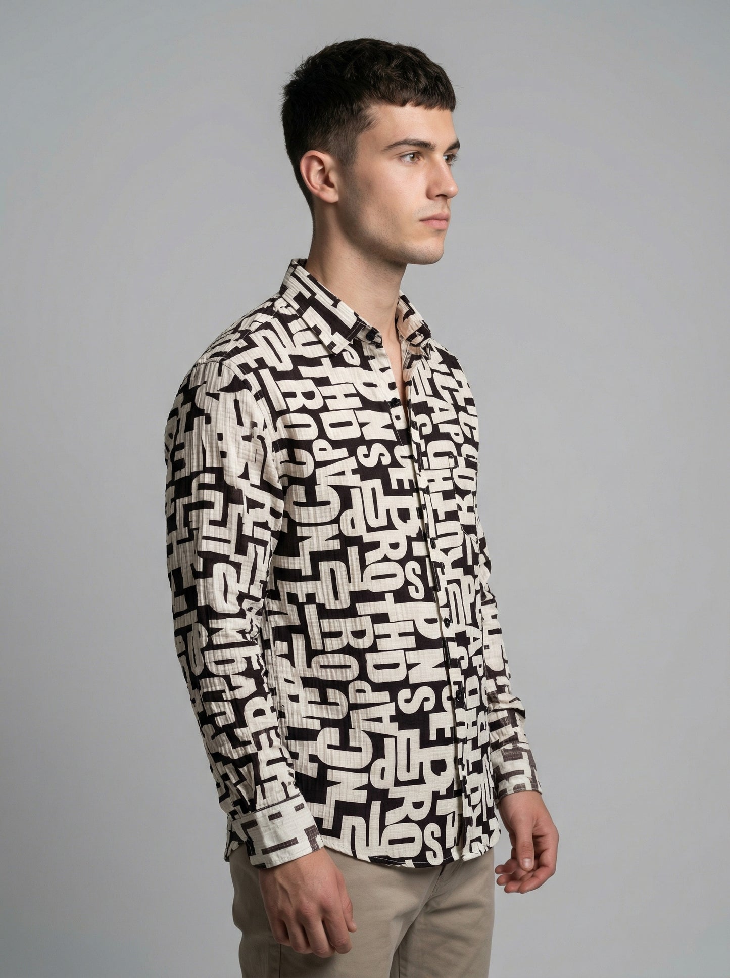 Men's Monochrome Typography Print Long Sleeve Button-Down Shirt