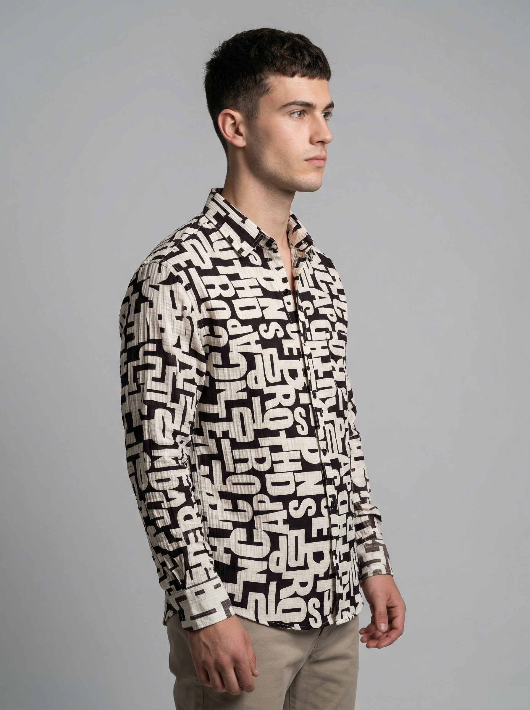 Men's Monochrome Typography Print Long Sleeve Button-Down Shirt