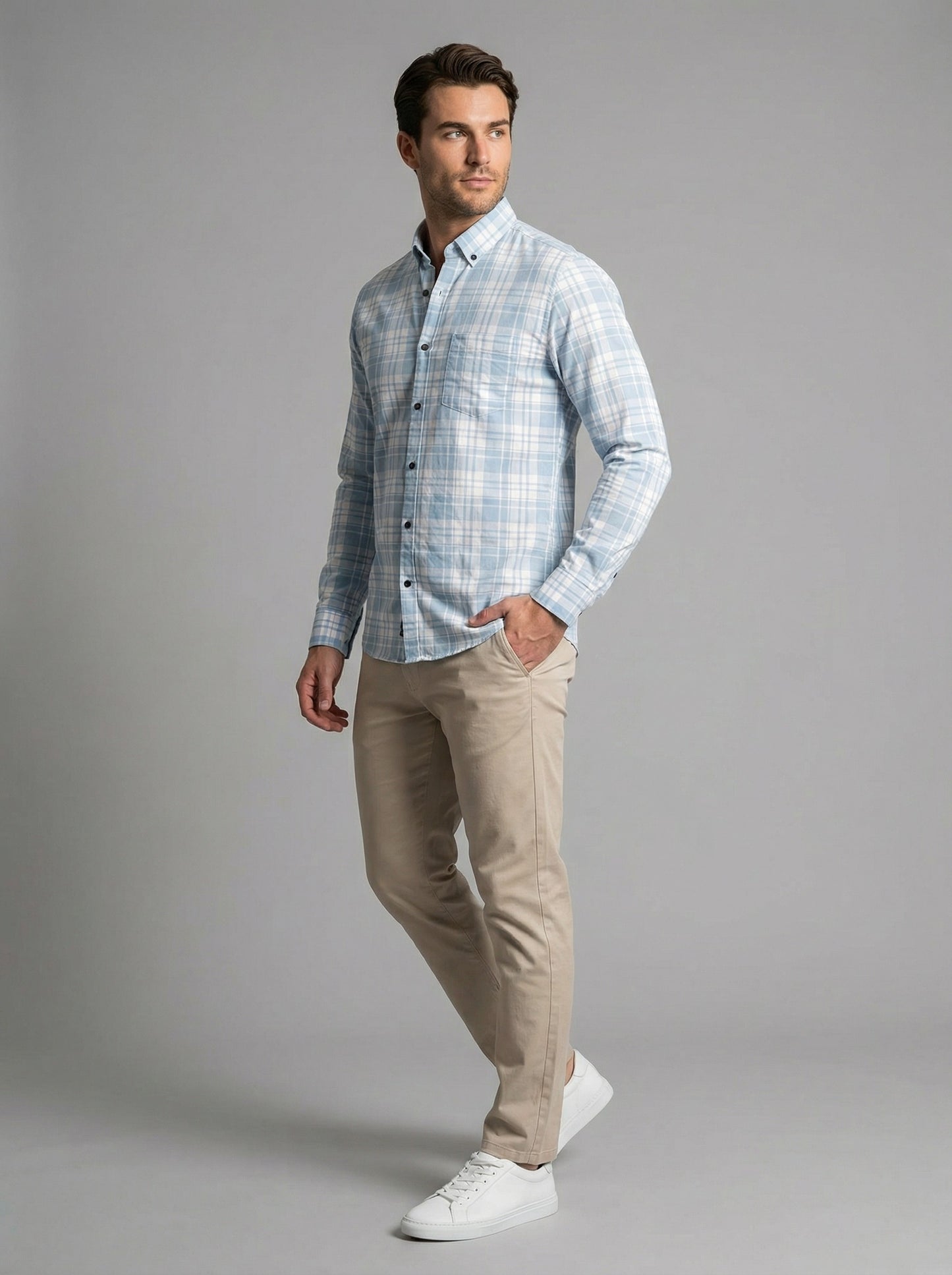 Men's Light Blue and White Plaid Button-Down Casual Shirt