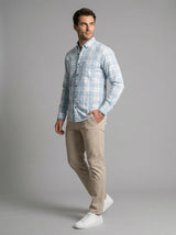 Men's Light Blue and White Plaid Button-Down Casual Shirt