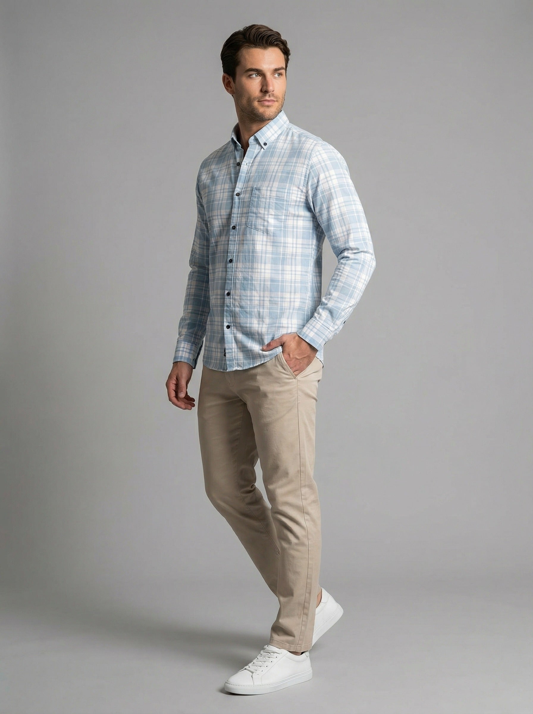 Men's Light Blue and White Plaid Button-Down Casual Shirt