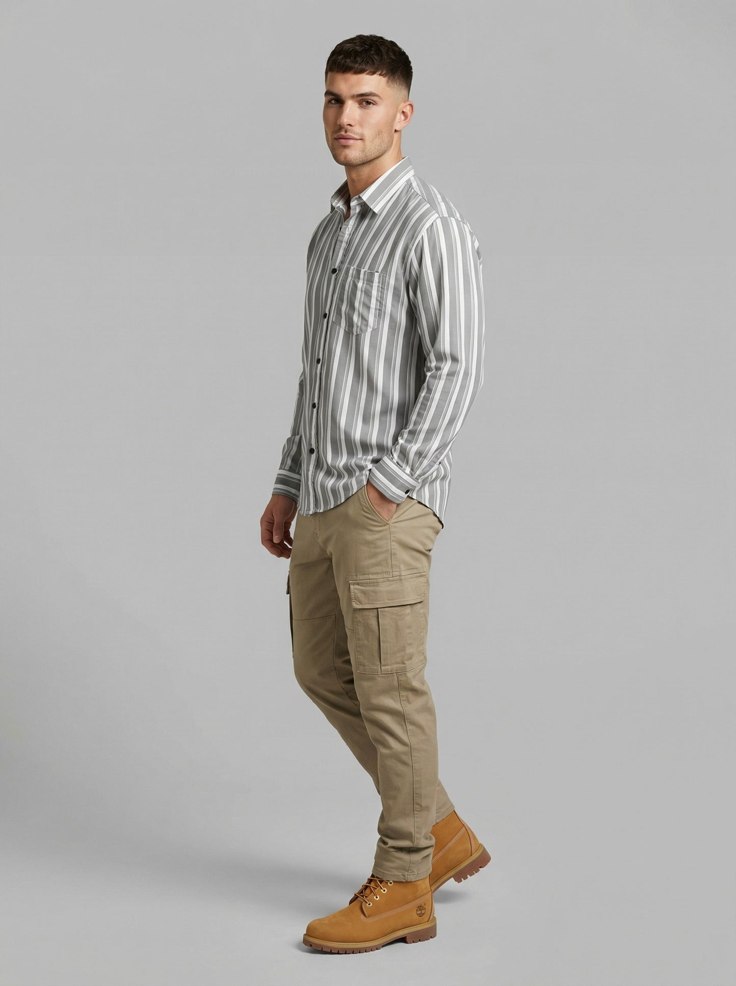 Men's Grey and White Striped Long Sleeve Button-Down Shirt