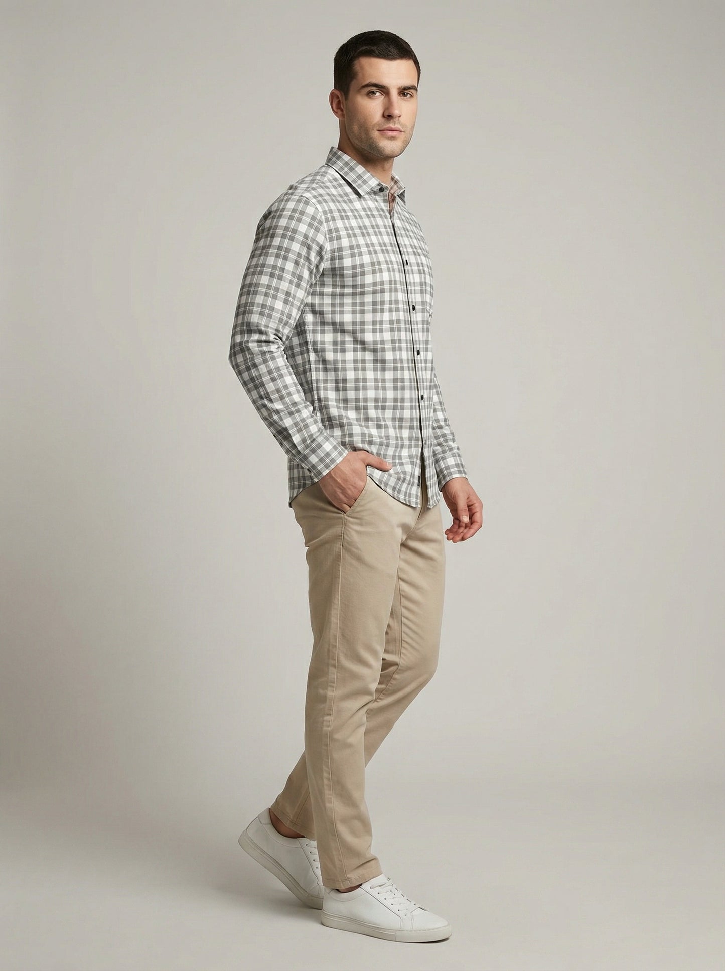 Men's Classic Grey & White Plaid Button-Down Shirt