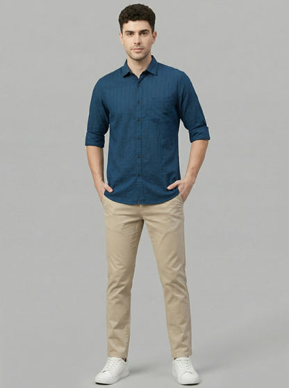 Men's Teal Blue Textured Vertical Stripe Casual Shirt - Slim Fit