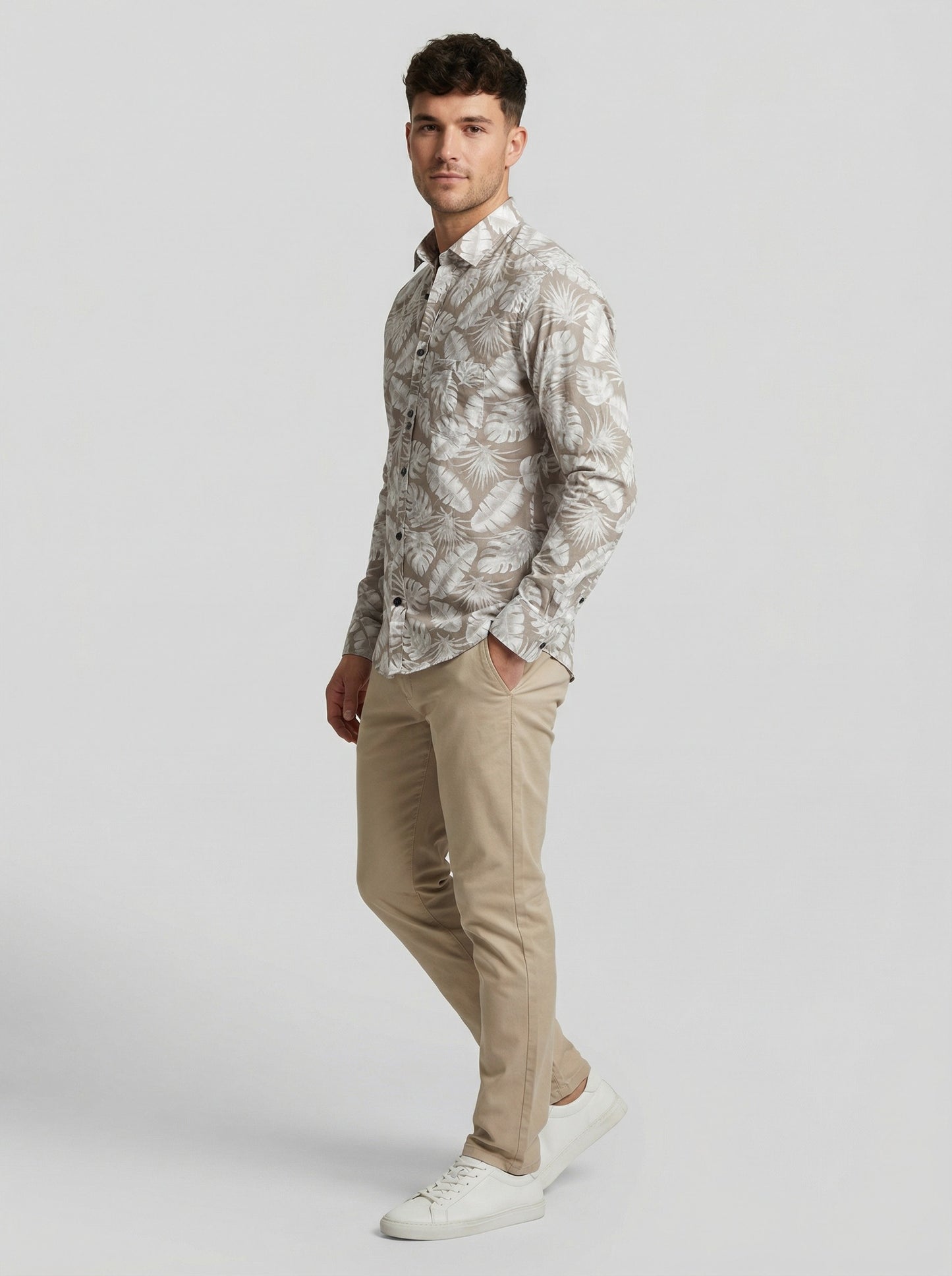 Men's Beige Tropical Leaf Print Long Sleeve Button-Down Shirt