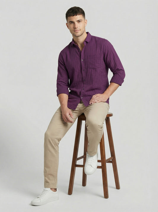 Men's Royal Purple Textured Long Sleeve Button Down Casual Shirt