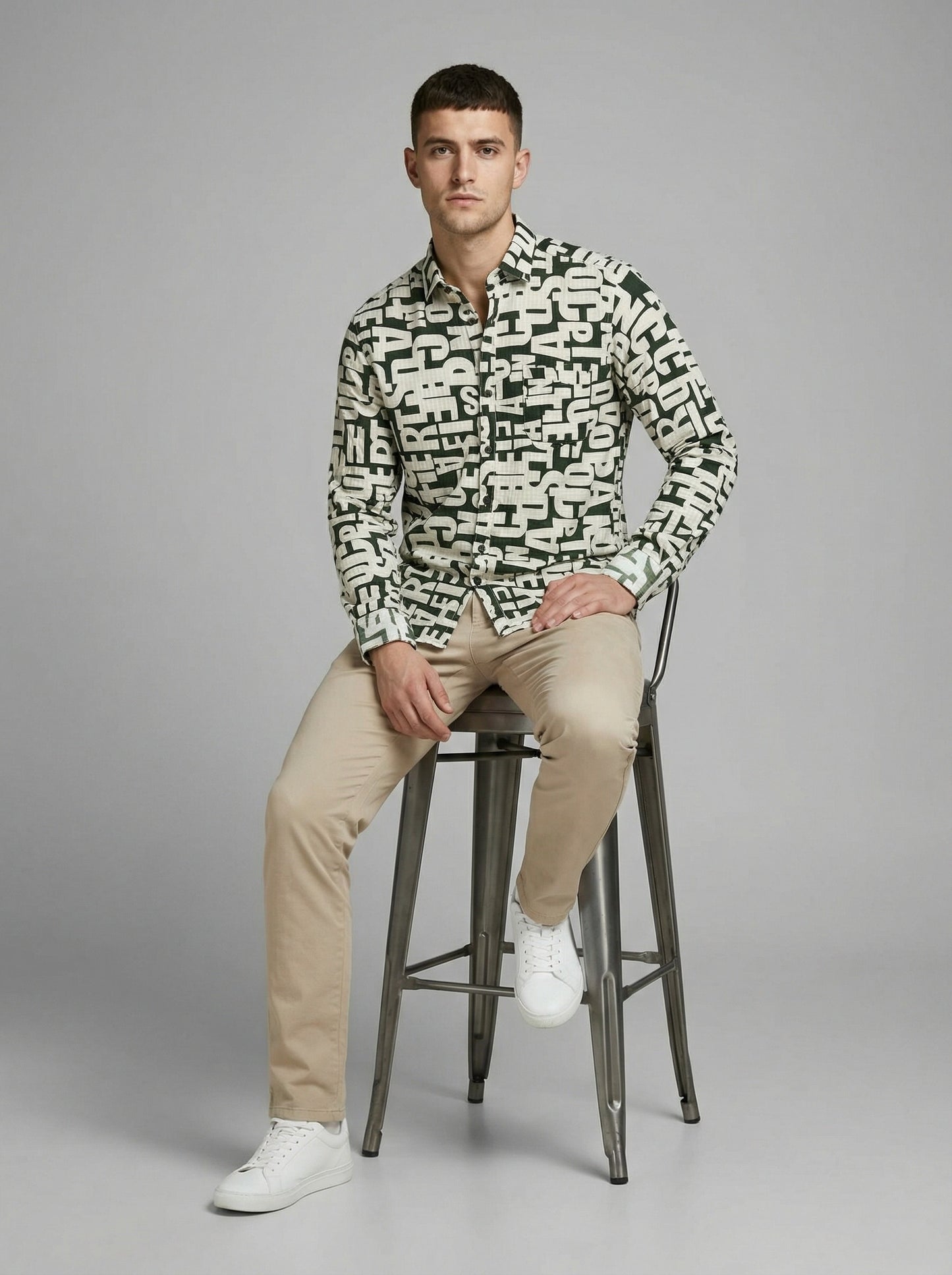 Men's Abstract Typographic Letter Print Long Sleeve Button-Down Shirt